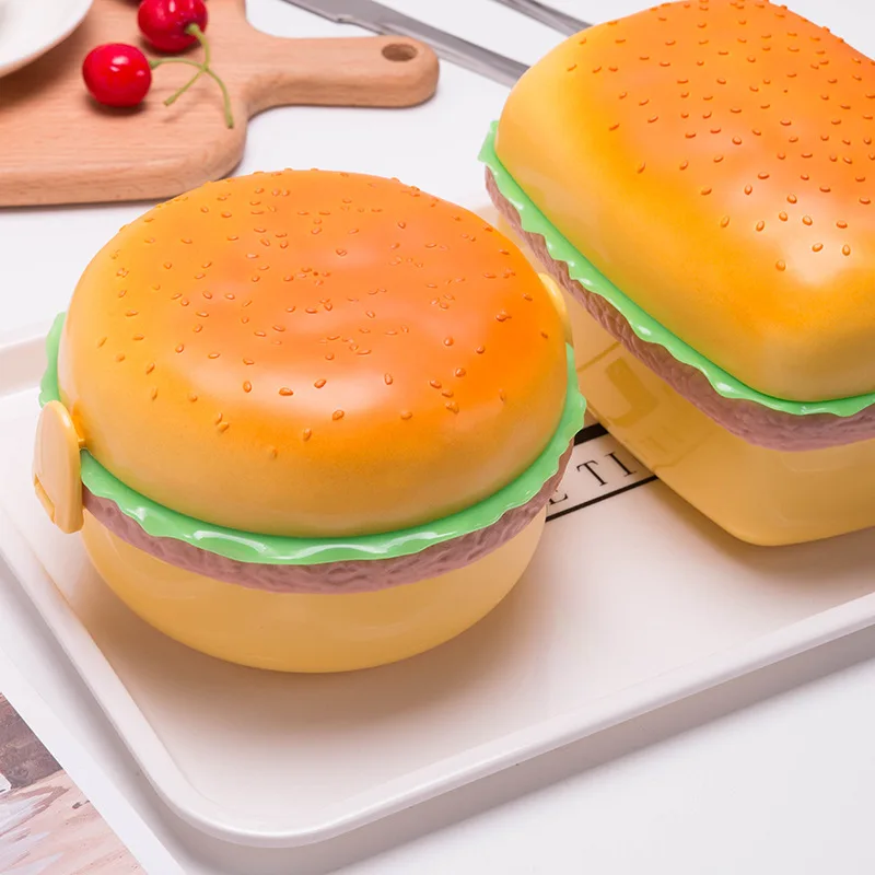 

Hamburger Double Tier Lunch Box with Fork Tableware Set Burger Box Bento Lunchbox Outdoor Camp Children Food Container