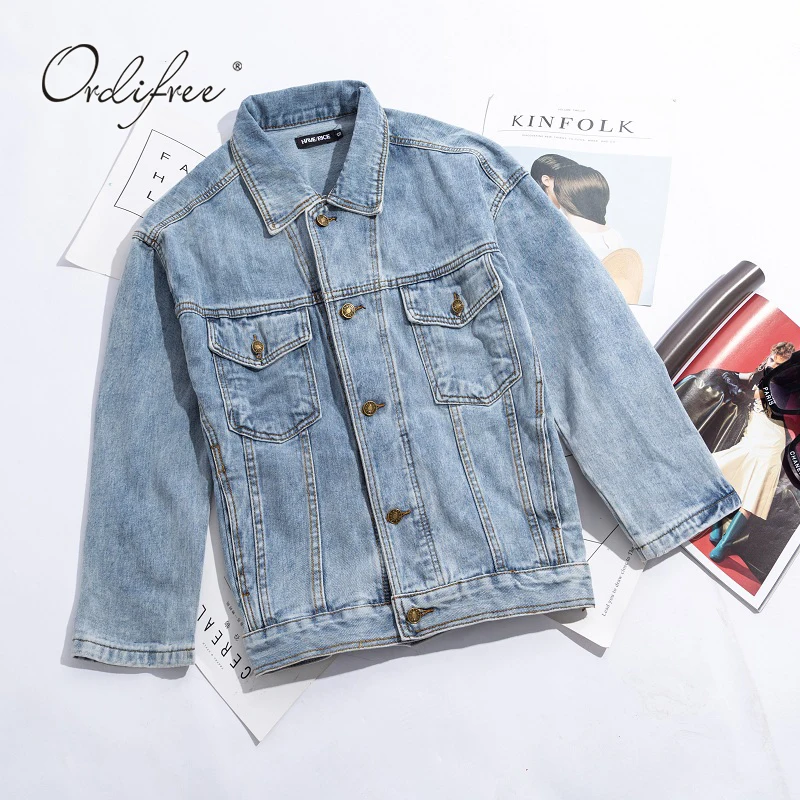 

Ordifree 2019 Autumn Winter Fashion Women Denim Jacket Coat Casual Outwear Loose Blue Cotton Jeans Jacket
