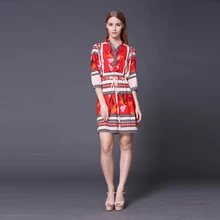 Новейшее весенне-летнее Полосатое платье с воротником-стойкой и принтом, рукав три четверти, женское платье выше колена