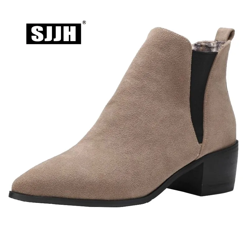 

SJJH Women Velvet Ankle Boots with Point Toe Chunky Elastic Plush Short Martin Boot Fashion Casual Working Shoes Large Size Q270