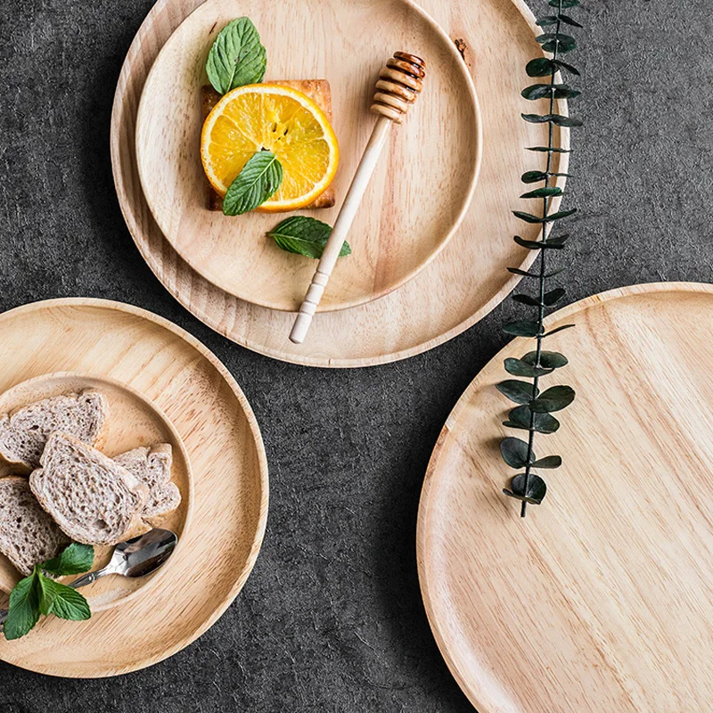 Round Wooden Plates Large Small Wood Serving Tray Tea Plate Wood Dessert Cake Dishes Salad Plate Wood Kitchen Utensils Tableware (2)