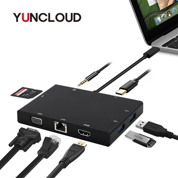 

YUNCLOUD USB Type C 3.1 HUB to VGA RJ45 Gigabit Ethernet HDMI SD Card Reader USB 3.0 3.5mm Audio PD Charge Converter For Macbook