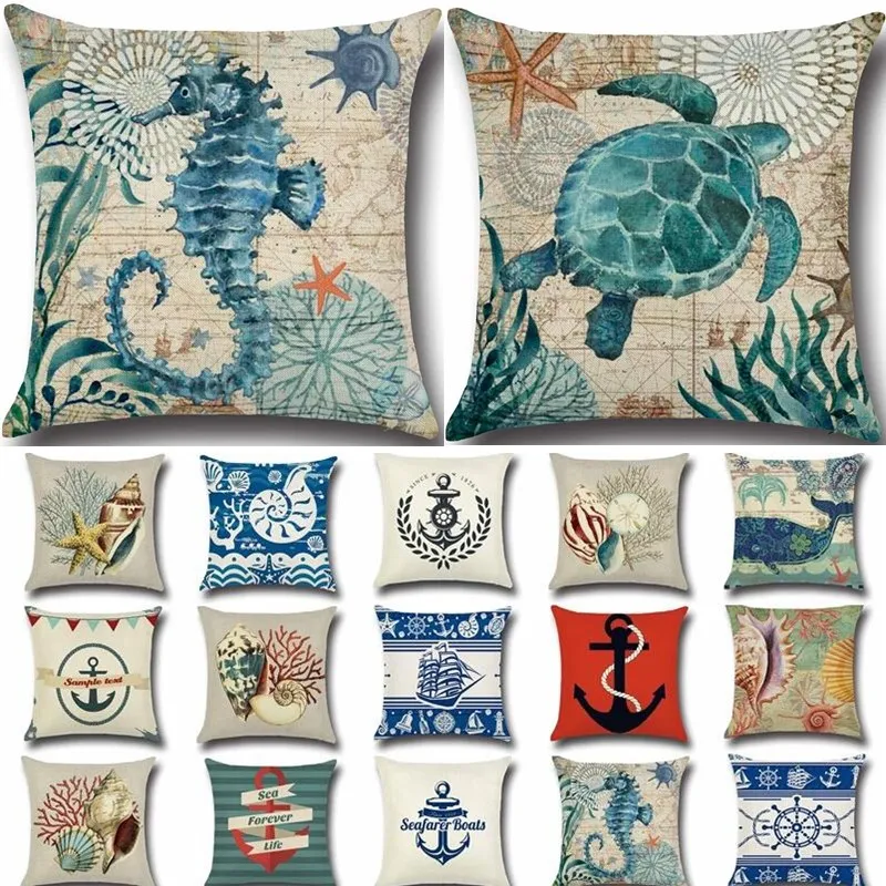 

RIANCY Marine Decoration Anchor Decor Tortoise Nautical Cushion Cover Ocean Linen Throw Pillow Home Decorative Pillowcase 40212