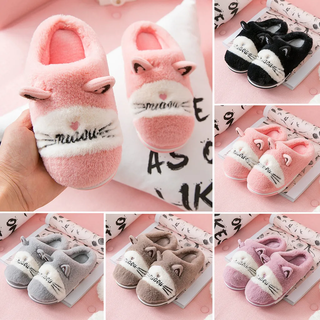 

Kids children home shoes Cute Cartoon Cat Warm Non-slip Floor Home Slippers Indoor Shoes klapki z futerkiem dla dzieci #y2