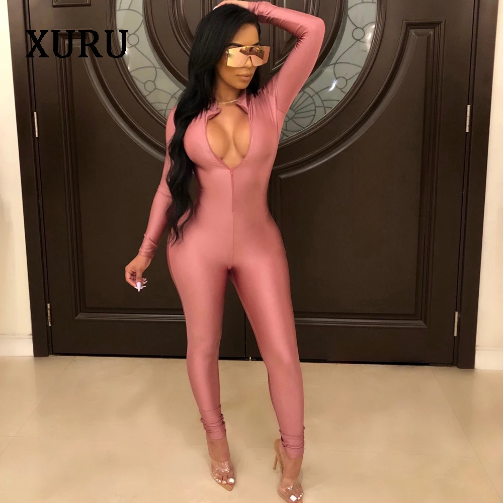 XURU Autumn And Winter Women's Solid Color Long-sleeved Sexy Deep V-neck Jumpsuit Tight Sportswear Sexy Nightclub Women's 