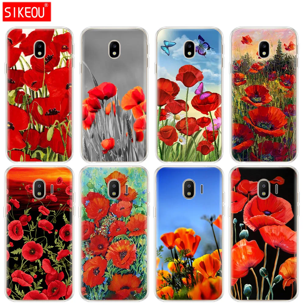 

silicone cover phone case for Samsung Galaxy J3 J5 J7 2017 J330 J530 J730 PRO j2 2018 Red Poppies flowers