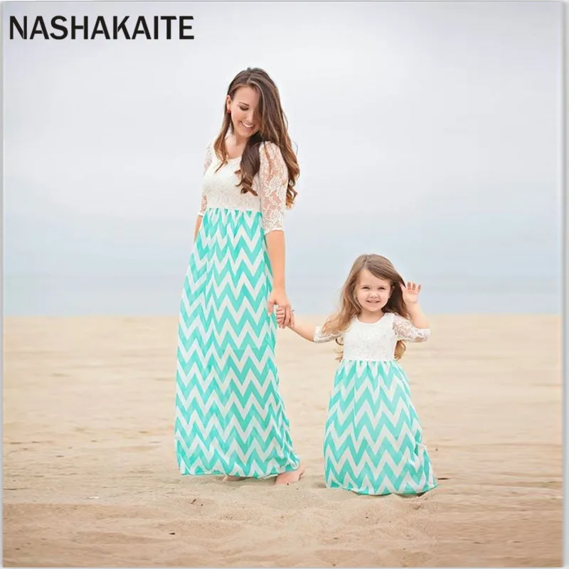 

NASHAKAITE Mother daughter dresses Wave Stripe Print Long Dress Mom and daughter matching clothes Family matching clothes