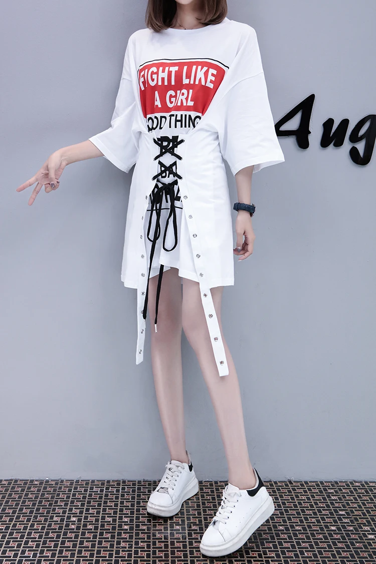 Женская летняя модная длинная футболка на шнуровке, большие размеры, футболки в стиле хип-хоп, панк-рок, топы для девочек, повязки, винтажная Готическая уличная одежда