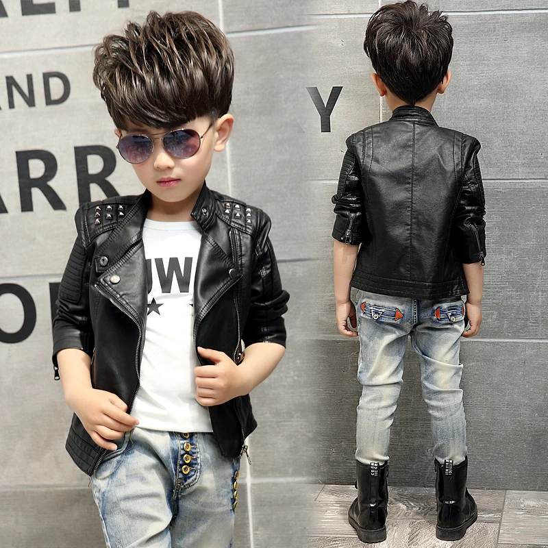 

2018 Spring Autumn New Boys Fashion Leather Jacket Children's Casual Slanted Zipper Fur Clothing 3-12Yrs Kids Rivet Coat A384