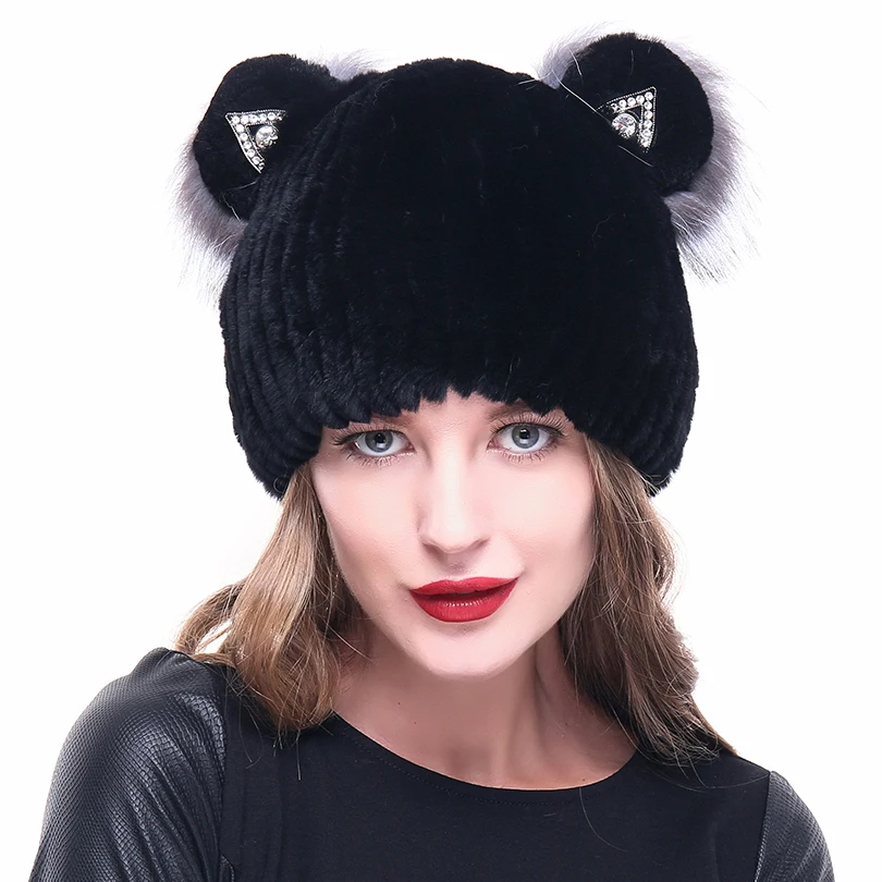 

LINLAXUEDA Womem Real Rex Rabbit Fox Hat New Style Cap With Women Natural Fox Fur Ear Genuine Natural Fox Fur Hats