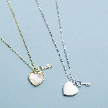 

Korean Style Cute Shell Heart Key 925 Sterling Silver Choker Necklace Woman Fashion Pendant Gold Chain Jewelry Girl Friend Gift