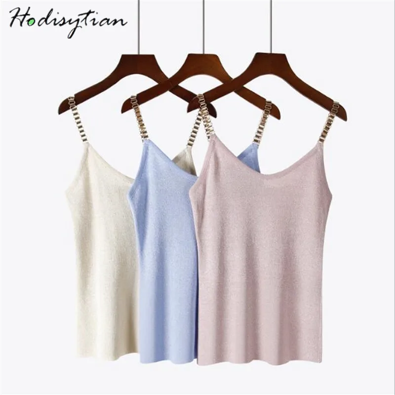 

Hodisytian Summer Knitted Women Camis Spaghetti Strap Tanks Top Sexy Female Shiny Camisole Short Crop Tops Bling Metal Chain