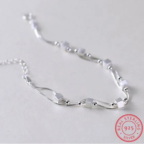 925 пробы серебряные браслеты со звездами и кольцеобразные Браслеты Новая мода Серебряный двухслойная цепочка браслет для Для женщин стерлингового серебра-ювелирные изделия