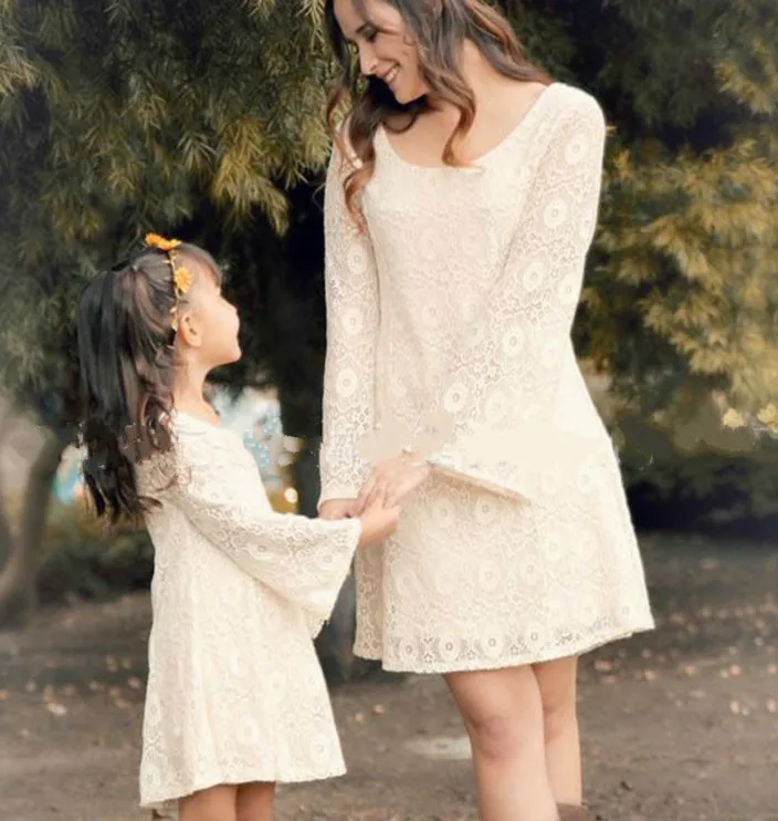 Spring Dress Children's Garment Lace Horn Sleeve Mother And Daughter Rendering Skirt Matching Outfits | Мать и ребенок