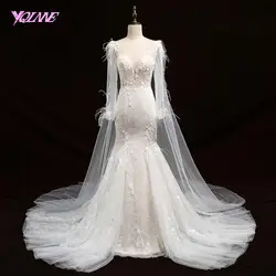 YQLNNE 2018 Мода Шампанское длинный рукав свадебное платье Русалка Перья свадебное платье