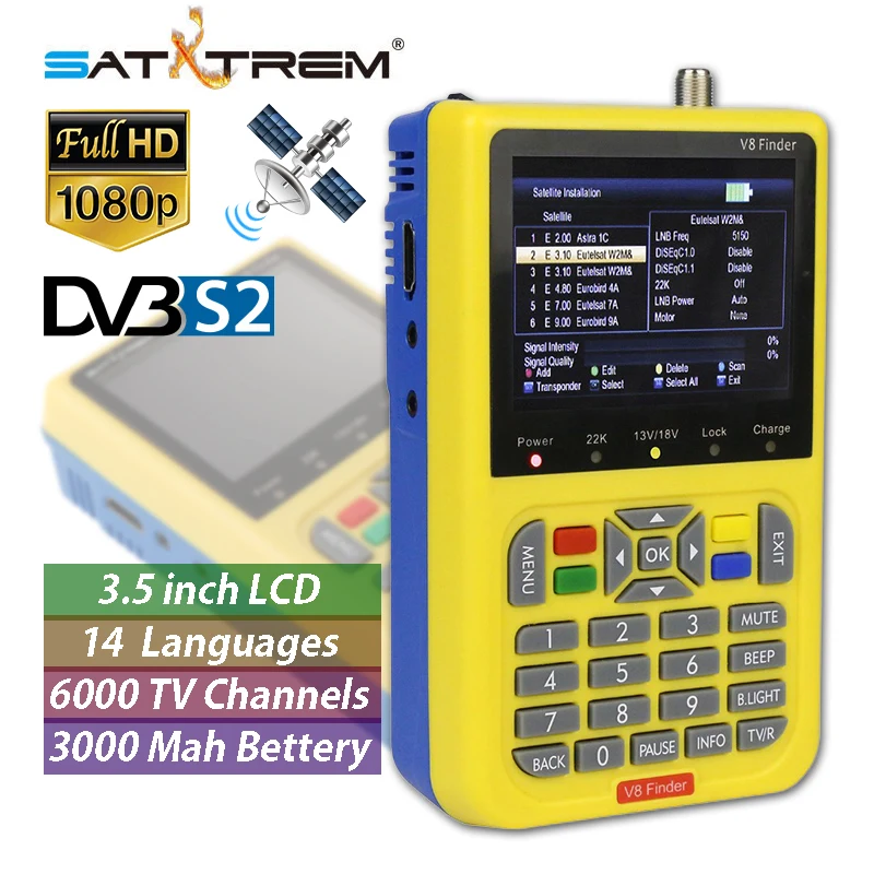 SatXtrem V8 Finder DVB S S2 Digital Satellite TV Finder Decoder Full HD 1080P 3.5 inch 3000mA Battery Sat TV Meter Receiver SatXtrem V8 Finder DVB S S2 Digital Satellite TV Finder Decoder Full HD 1080P 3.5 inch 3000mA Battery Sat TV Meter Receiver