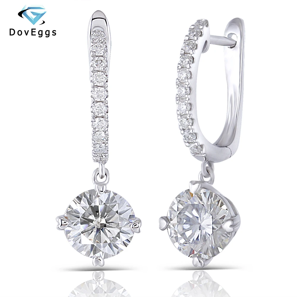 

DovEggs Platinum Plated Silver Center 6.5mm GH Color Hearts and Arrows Cut Lab Grown Moissanite Halo Hoop Earrings with Accent