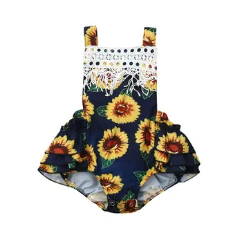 

2019 New Toddler Baby Girls Romper Lace Tassel Sleeveless Tops Jumpsuit Sunflower Print Tutu Outfits Top Bodysui