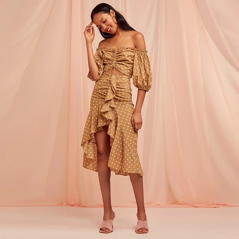 

2019 New Fashion Vintage Dot Woman Two Piece Sets Slash Neck Drawstring Short Tops High Waist Irregular Mermaid Skirt Beach Sets