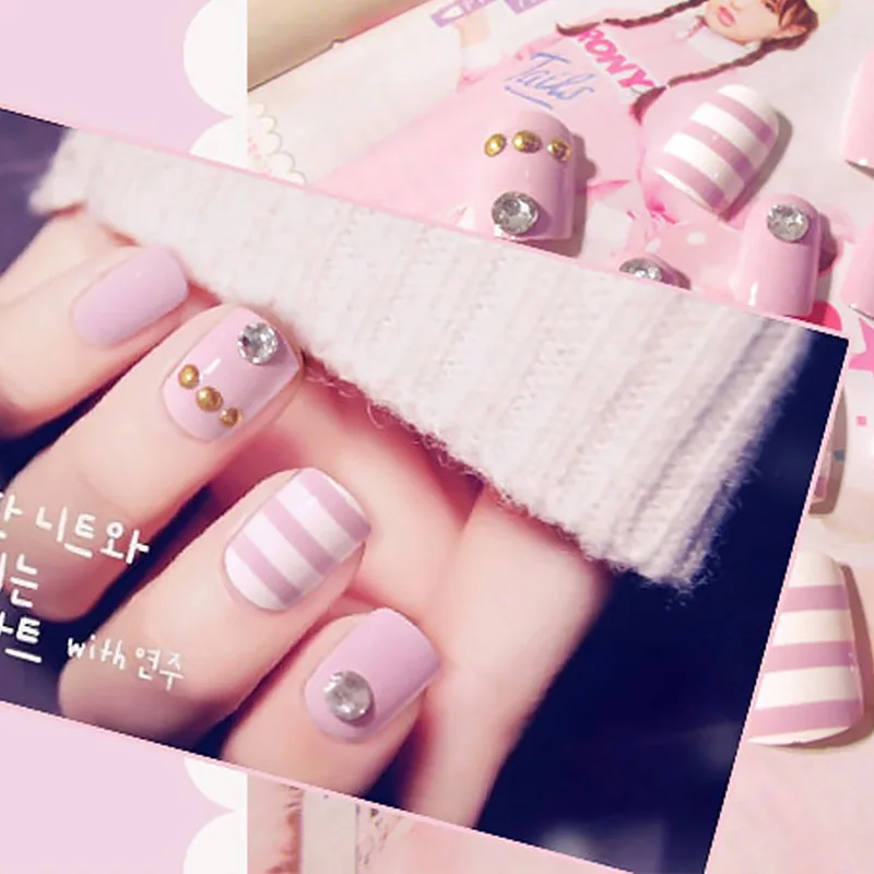 المرأة الكورية نمط أنيق وهمية الأظافر الفتيات الأرجواني مخطط الطباعة الأظافر 3D الساطع حجر الراين مسمار الفن نصائح مع الغراء