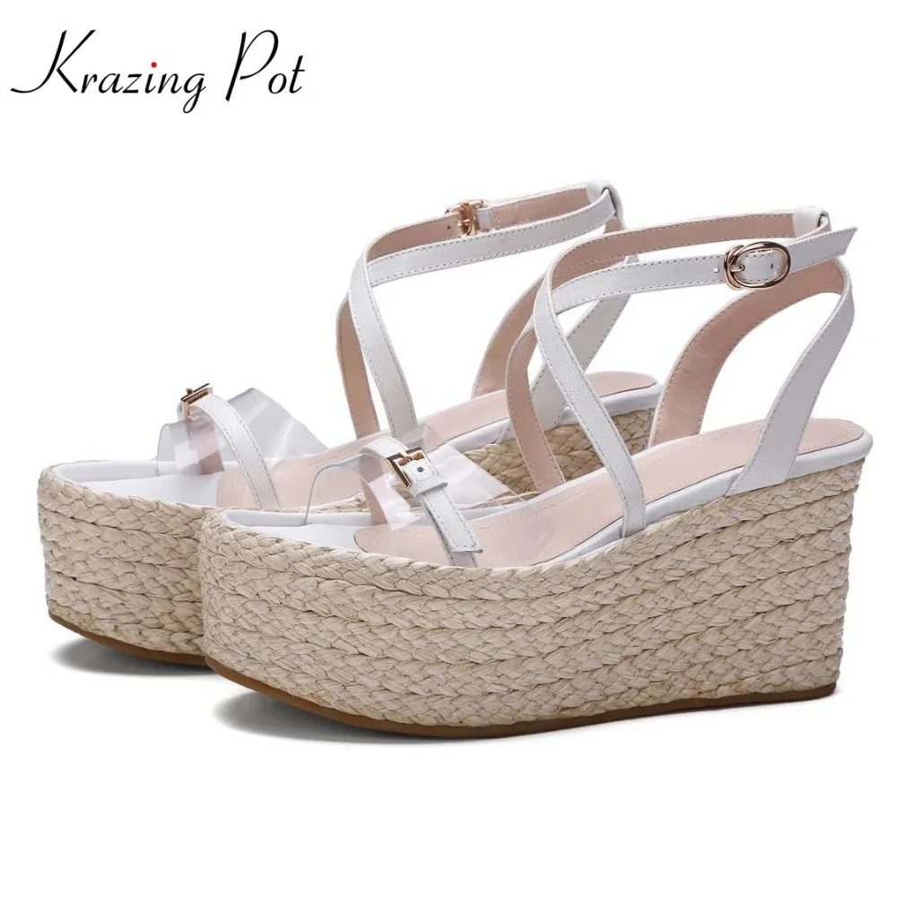 

Krazing Pot 2018 genuine leather transparent summer peep toe super streetwear high heels handmade straw women wedges sandals L96