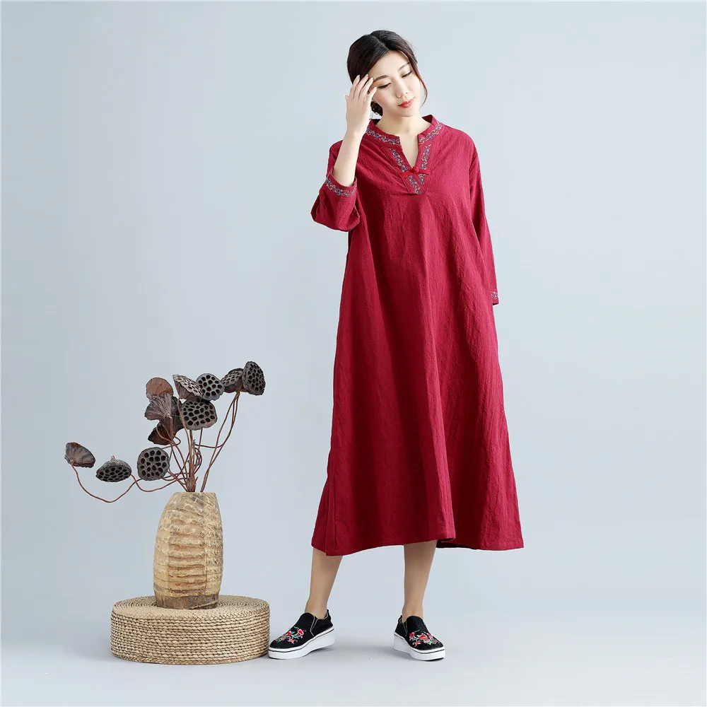 

LZJN 2019 Summer Dress Embroidery V-Neck 3/4 Sleeve Jacquard Shirt Dress Tea Length Vintage Women Long Tunic Dresses Robe Femme