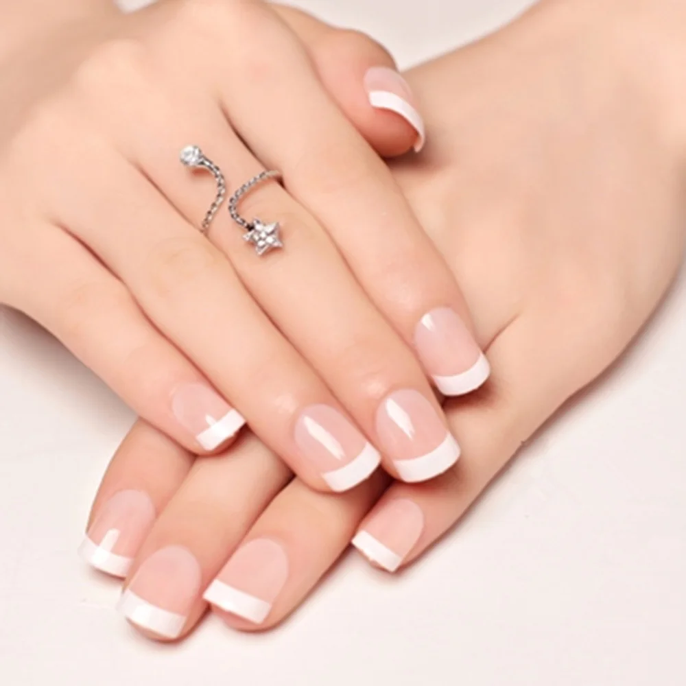 

24Pcs Natural Short False Nails with Designs Acrylic Round Short French Nail Art Tips with 2g Glue Fake Nails Art Decoration