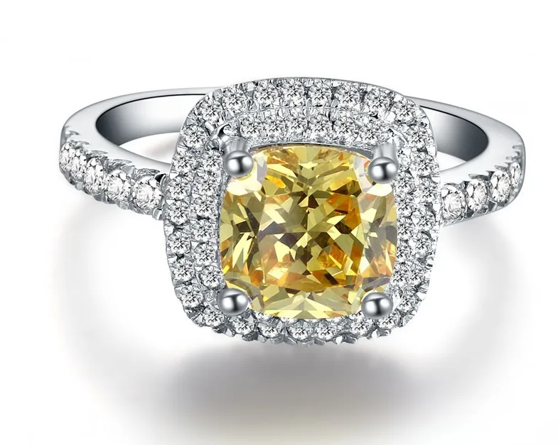T бренд на заказ 1CT Желтая подушка твердое белое золото качество надежные Синтетические алмазы кольцо обручальное кольцо для женщин ювелирные изделия