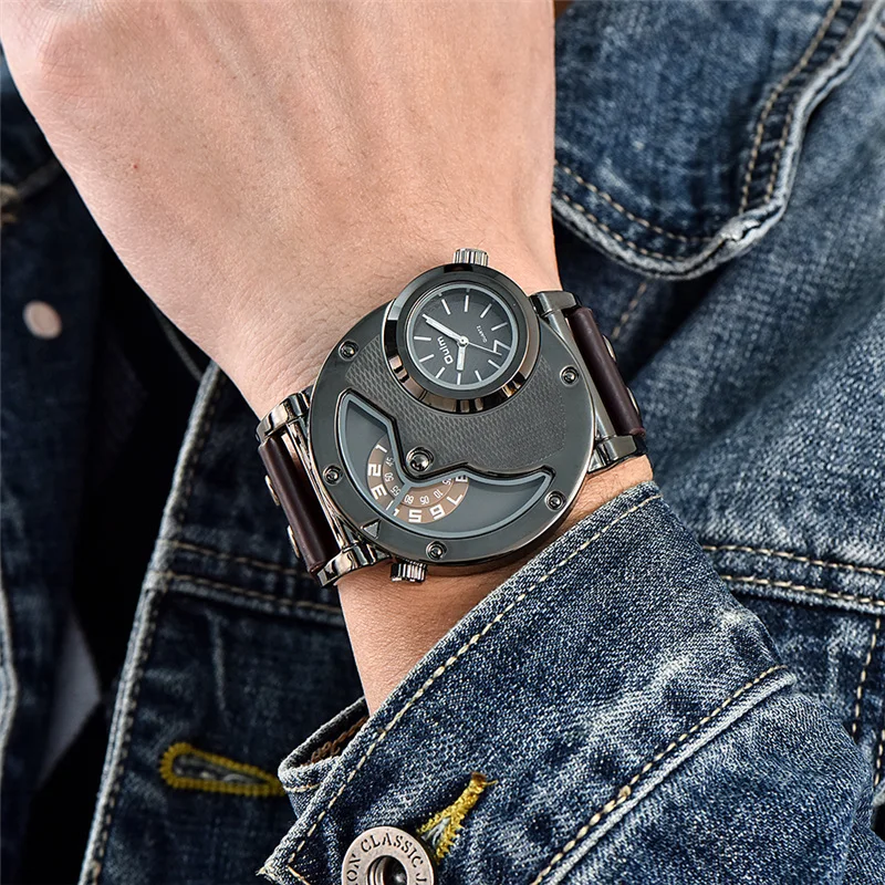 Oulm Two Time Zone Sports Wristwatch Military Army Men's Casual PU Leather Strap Antique Designer Q