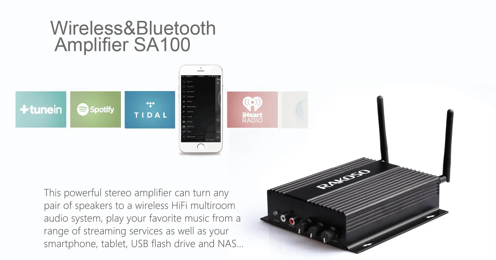 RAKOSO SA100Mini домашний WiFi и Bluetooth HiFi многокомнатный усилитель с оптическим сабвуфером Spotify Airplay эквалайзер бесплатное приложение