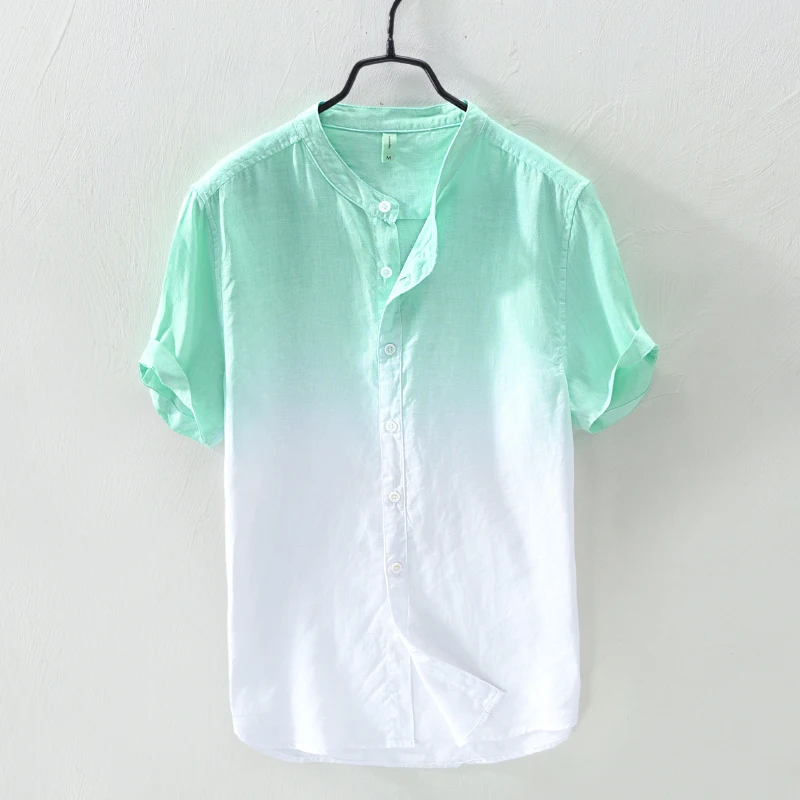 Suehaiwe бренд с коротким рукавом Градиент льняная рубашка Мужская Повседневная мода стоять воротник льняная рубашка Мужская Удобная сорочка camisa