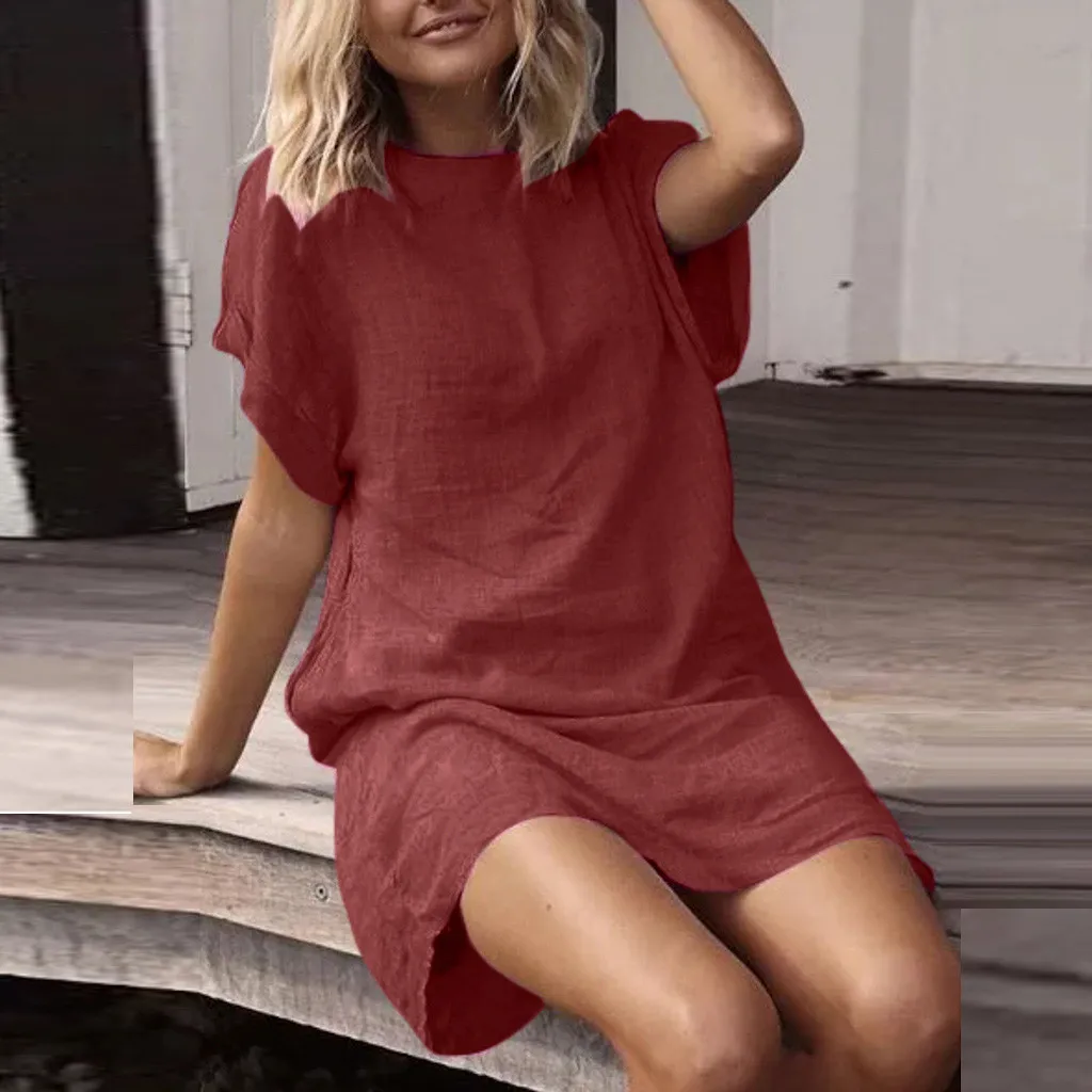 

Linen Dress vestidos verao Women Summer Casual Solid Short Sleeve Dress Crew Neck Ladies Summer Dress vestidos femininos