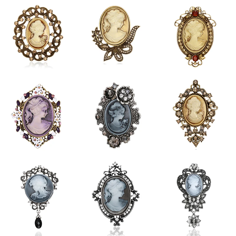 

Fashion Vintage Brooches Cameo Queen brooch Gold Purple Blue Crystal Rhinestone Brooch Pin Women Wedding Bride Jewelry