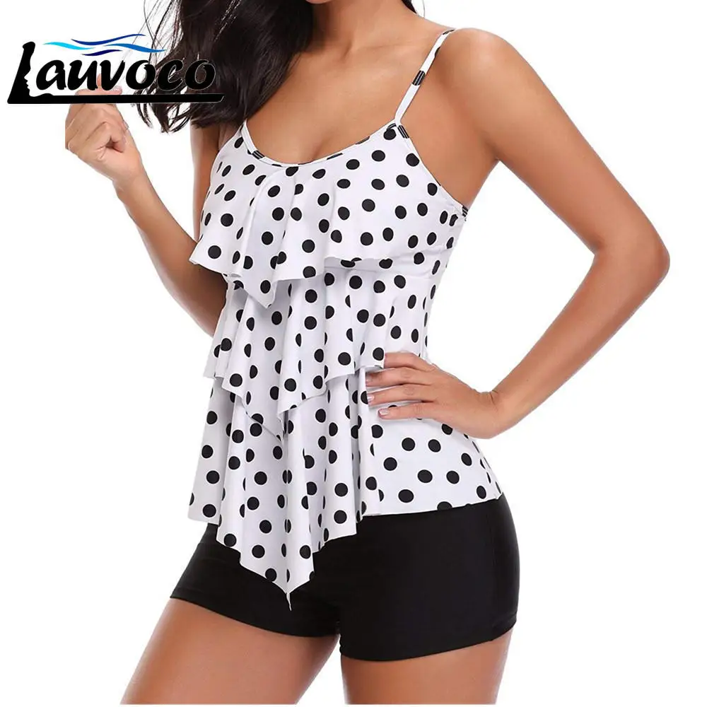 

Polka Dot Print Two Piece Swimwear Ruffle Tankini Swimsuit Women Shorts Bathing Suit Big Size 2XL Beachwear Plus Size Swim Set