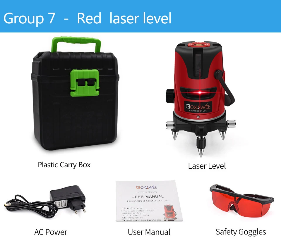 GOXAWEE лазерный уровень, 360 градусов, перекрестная линия, вращающийся уровень, измерительные приборы, 5 линий, 6 точек, для строительных инструментов - Цвет: Group 7