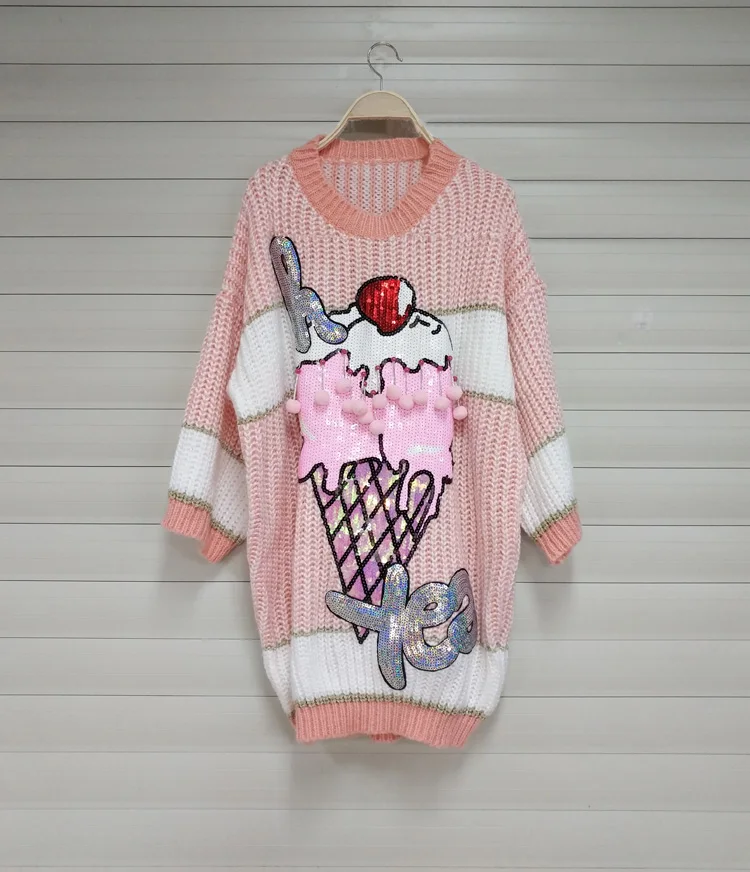 Pink Sequins Ice Cream Knit Sweater Women Beading Ball Street Loose Pullover Clothing Autumn Winter Chic Clothing