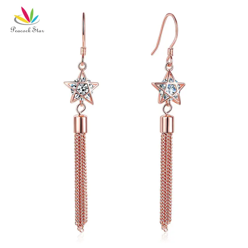 

Peacock Star Solid 925 Sterling Silver Dangle Drop Star Hook Earrings Rose Gold Color Jewelry CFE8144
