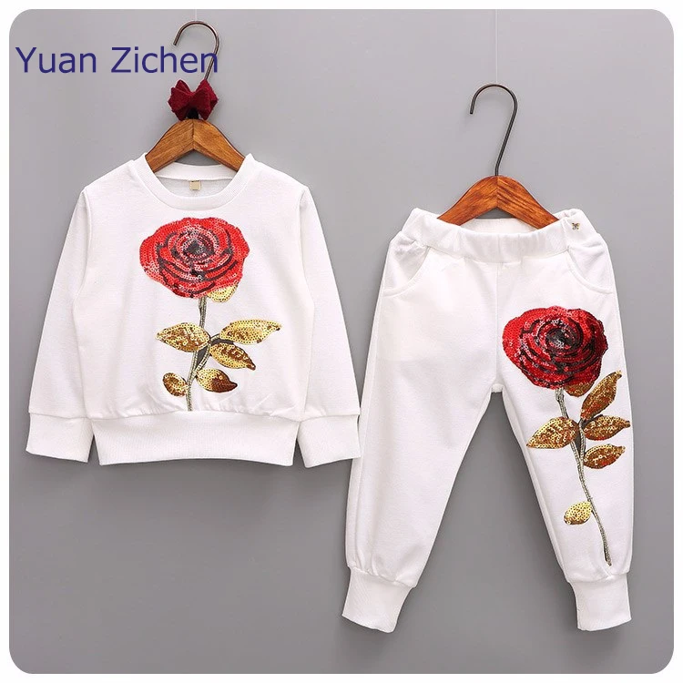 Girls Clothing Sets 2017 Autumn Kids Clothing Fashion Long Sleeve Roses Floral Embroidered Sequin Girls Clothes Children Baby