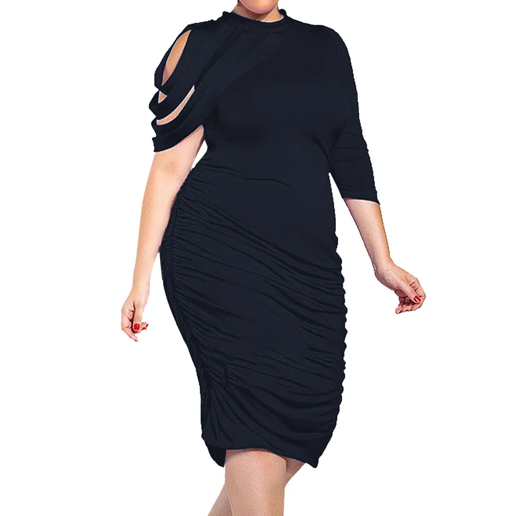 

2019 Summer New Fashion Sexy Large Size Solid Color Round Neck Stitching Irregular Dress Ladies Solid Color Dress Sexy Dresses
