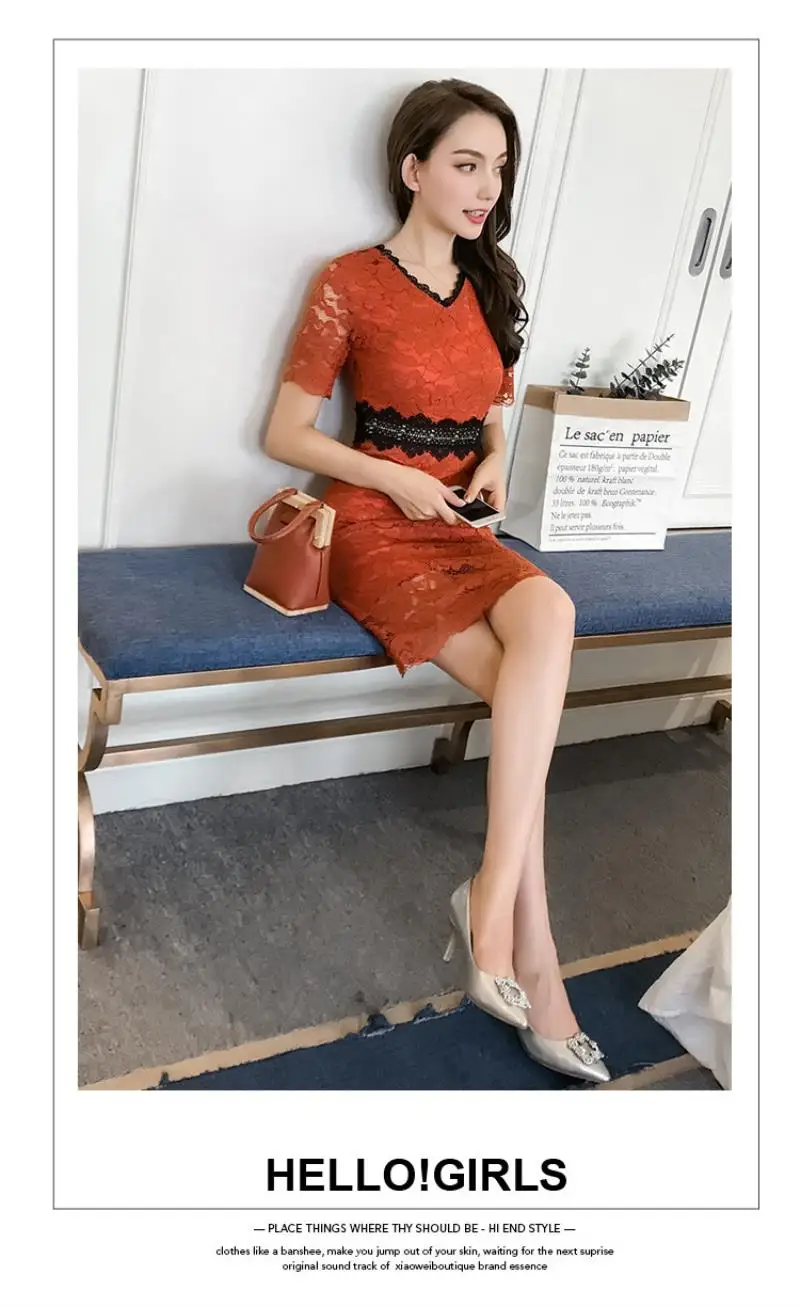 2018 New Red Blue Spring Summer Lace Women dress Short Sleeve Slim Collect Waist In Long Dresses S-XL