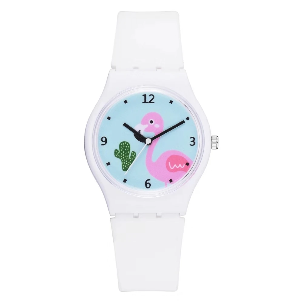 

Easy to build temperament leisure student wrist watch children cartoon flamingo pattern girl's heart jelly color silicone watch