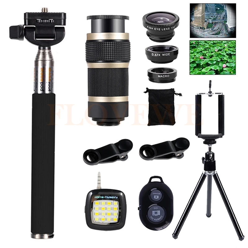 8X تلسكوبي التكبير تليفوتوغرافي العدسات واسعة الزاوية ماكرو الأسماك العين Lentes ترايبود للهاتف Xiaomi mi6 Selfie مصباح 15in1 المحمول عدسة