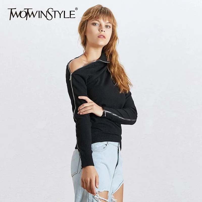 

TWOTWINSYTLE Side Split Zipper Sweater Women Long Sleeve Off Shoulder Sexy Knitted Tops Female Casual Clothes Korean 2019 Autumn