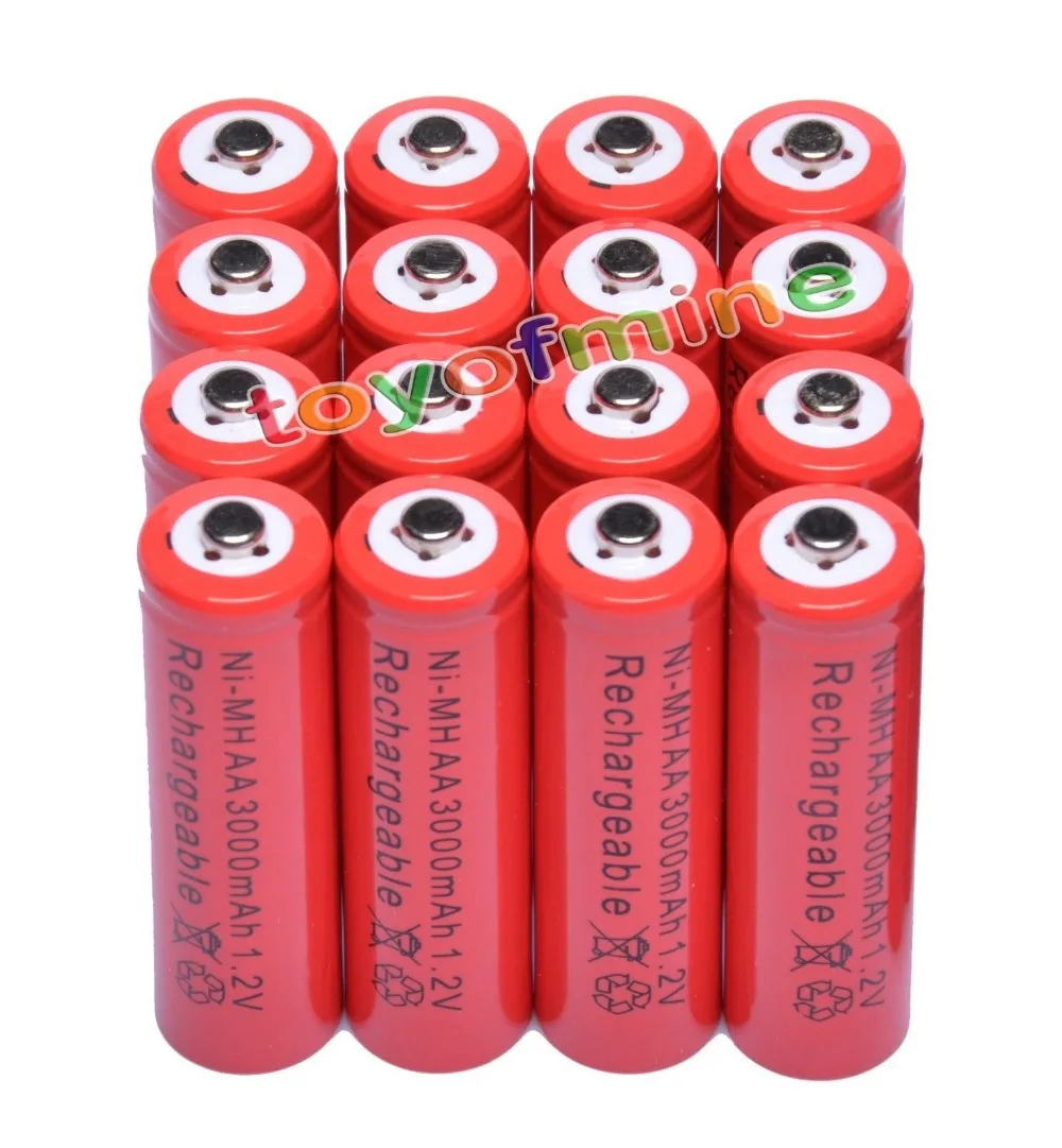 16x AA 3000mAh 2A 1.2 V Ni MH Red Rechargeable Battery Cell for MP3 RC