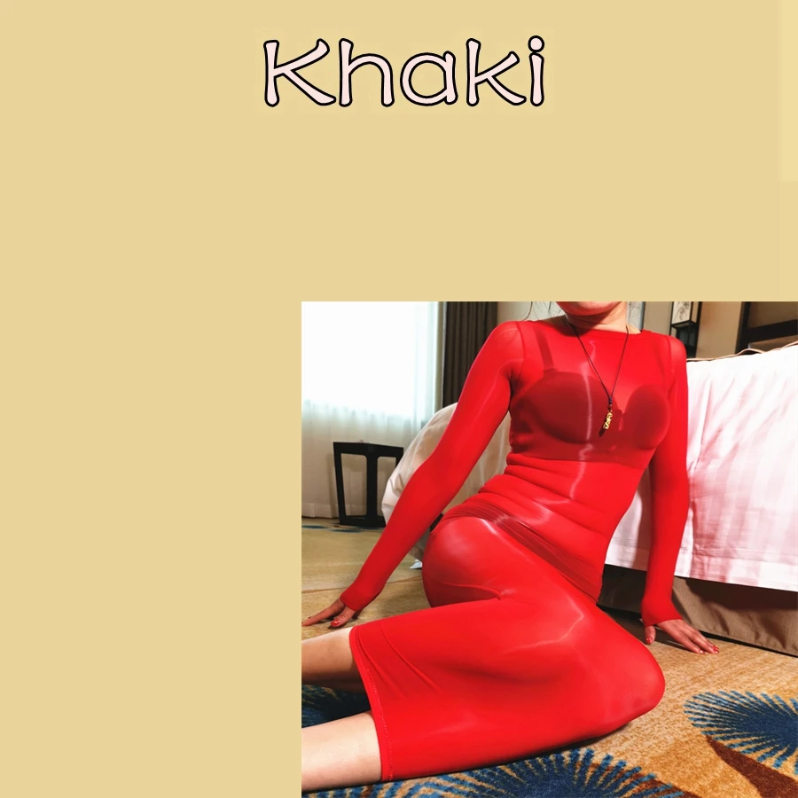 Сексуальное женское белье, 8D, масляный блеск, длинный рукав, боди, женские сексуальные чулки, материал: яркие женские комбинезоны, боди - Цвет: Khaki