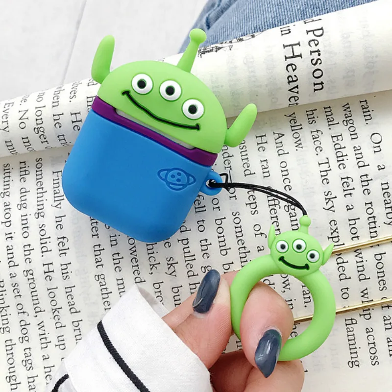 

Bluetooth Earphone Case for Airpods Accessories Protective Cover Bag Anti-lost ring Strap Cute Cartoon Silicone Alien 3D design