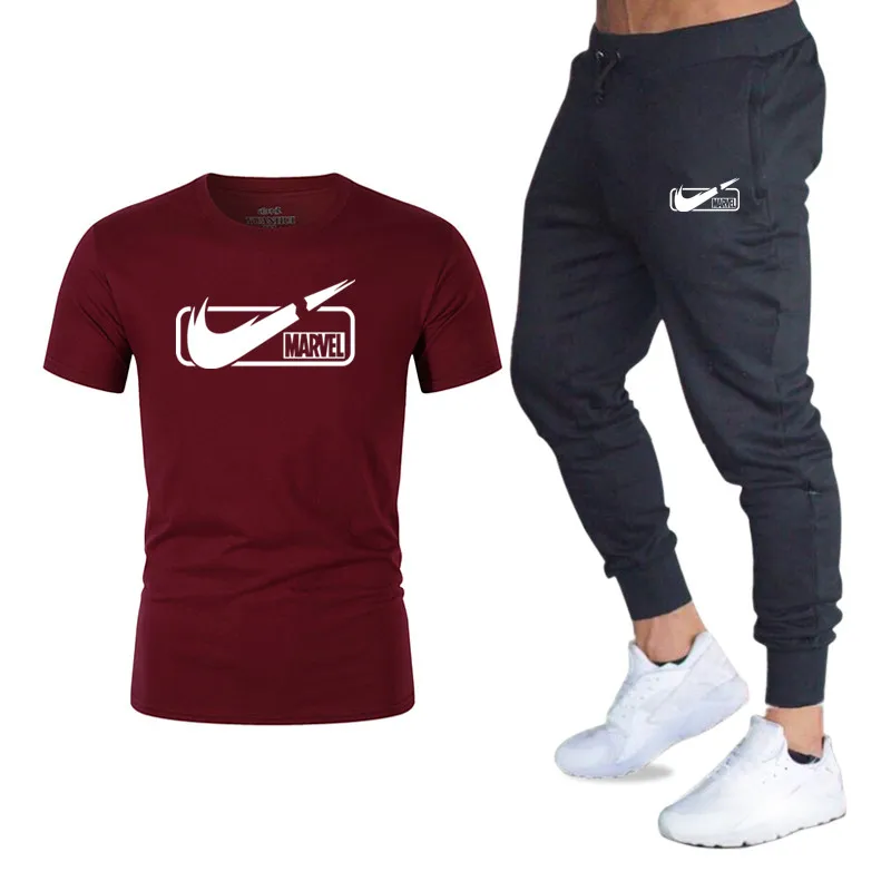 

New mens t shirt+Pants Marvel print cotton muscle exercise Tee Shirts and Jogger pants man T-shirt trends in tops clothin