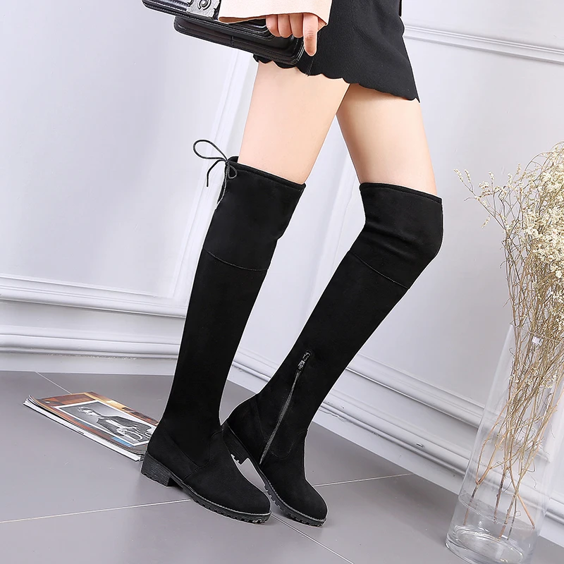 

2020 Over The Knee Boots Square Med Heel Women Boots Sexy Ladies Lace Up Stretch Fabric Fashion Boots shoes Size 33-43