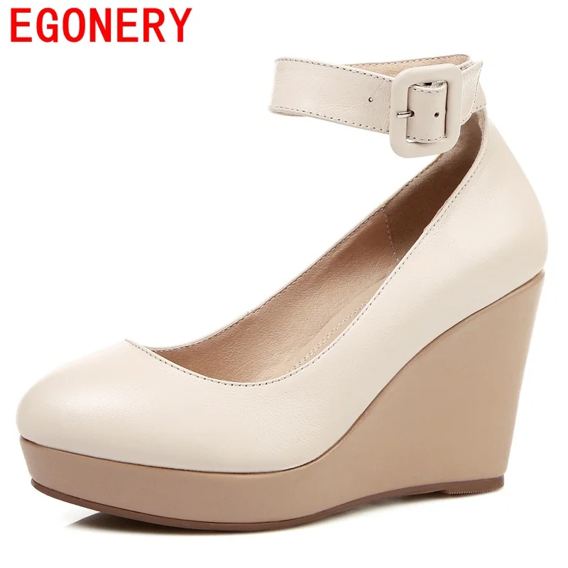 

EGONERY shoes 2018 zapatos mujer gladiator genuine elather sheepskin pumps concise wedges round toe date retao buckles shoes