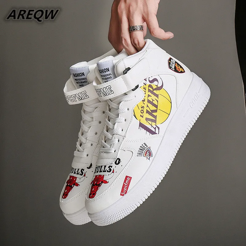 

2019 Spring Autumn Men Casual Shoes Ankle Length Men PU Leather Shoes Lace-Up High Pipe Men Flat Shoes